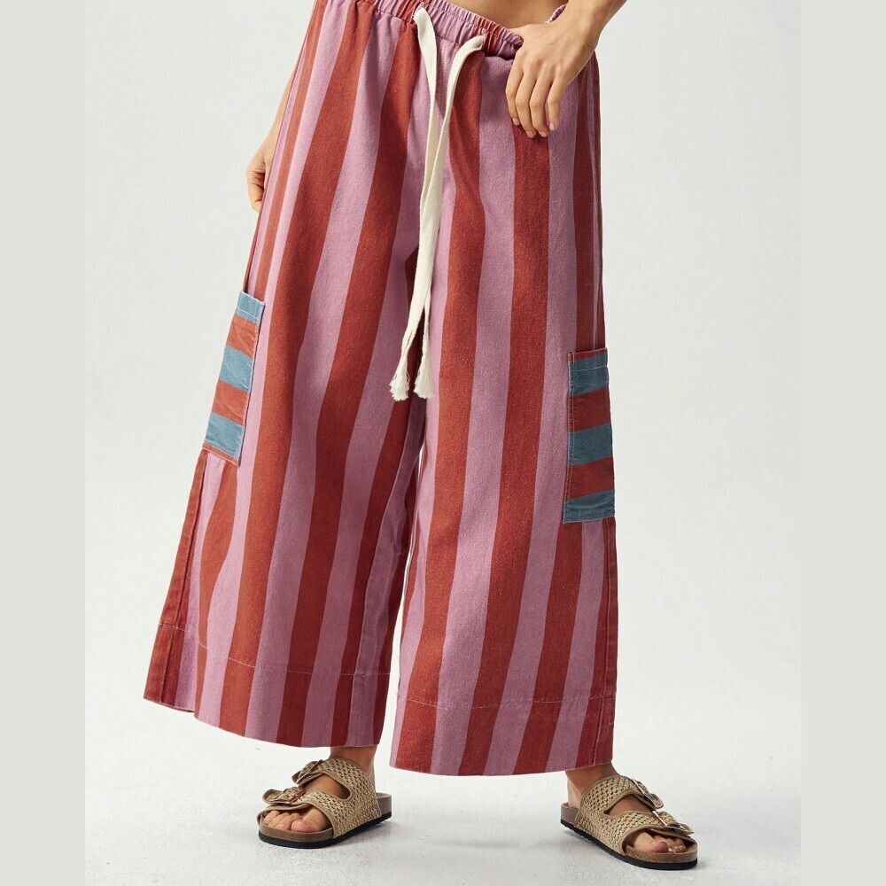 Pink & Burgundy Striped Cropped Pants with Tassel Drawstring - Picture 5 of 7